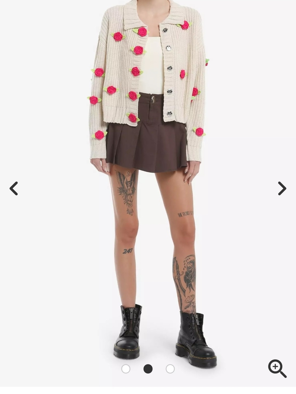 Hot Topic Cream Knit Cardigan with Bright Pink Rose Appliqués